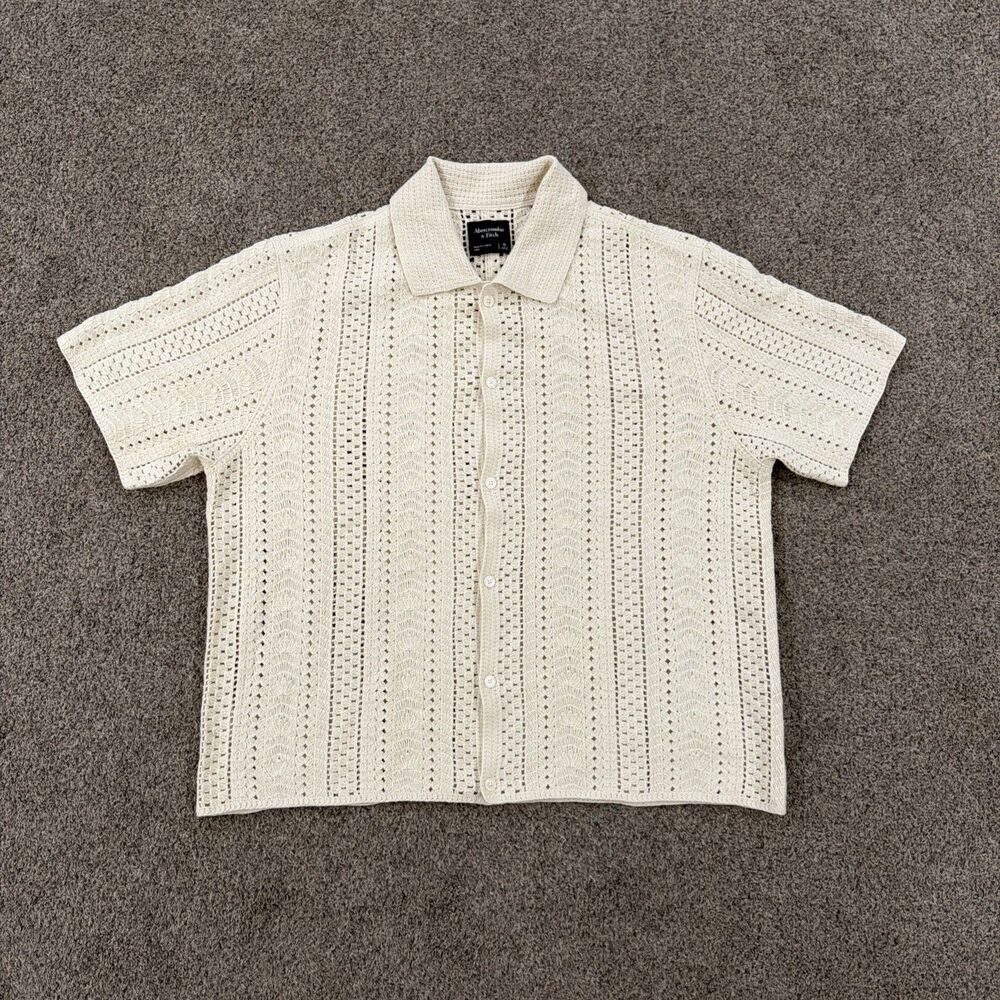 Abercrombie & Fitch Shirt Mens XL Tan Cream Button Up Knit Resort Crochet